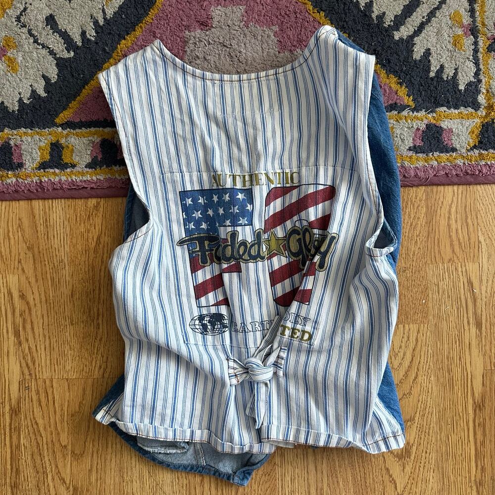 Faded Glory VTG Pinstripe Denim Button Front Cotton Vest White Blue Size Medium